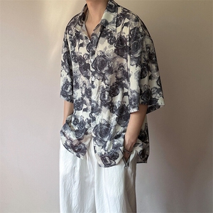 2025现货印花短袖衬衣男潮牌冰丝花衬衫A351-AC25602-p48控89图片