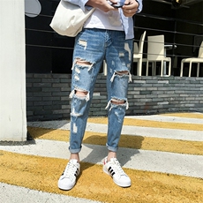 港风秋款男牛仔裤破洞潮男情侣女裤九分小脚牛仔裤n，男装牛仔裤，星座1013-1