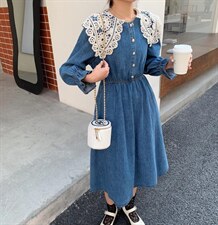 蕾丝花边领子连衣长裙，其它，肆尔