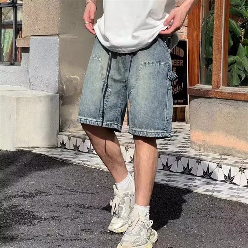 日系复古水洗牛仔短裤男夏季美式高街潮牌休闲潮流松紧腰五分裤子,男装牛仔裤,星座506A