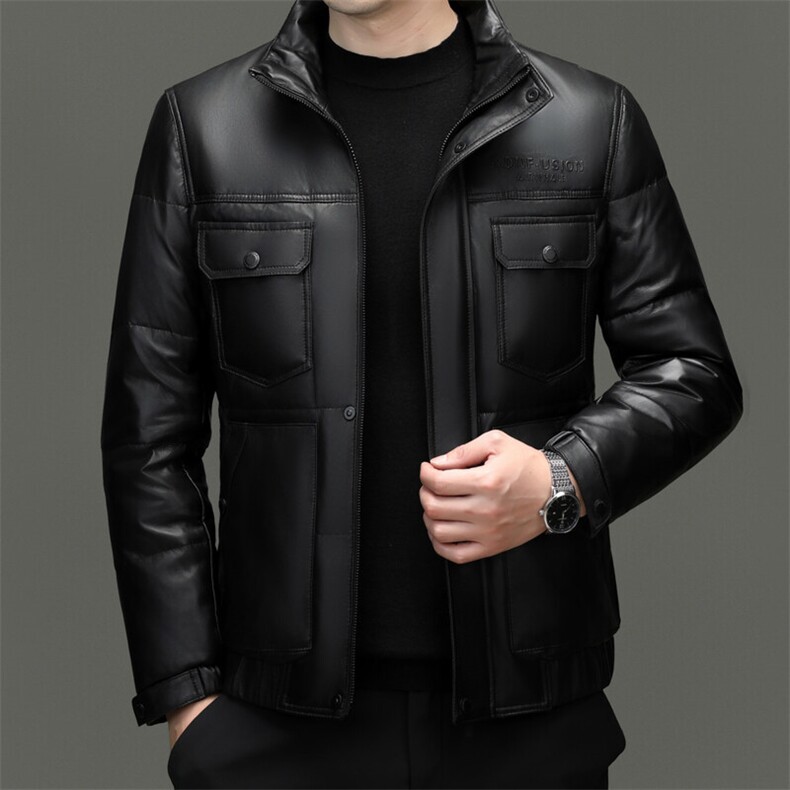 BG5605冬季海宁真皮羽绒服男白鹅绒时尚皮衣中年绵羊皮外套商务图片