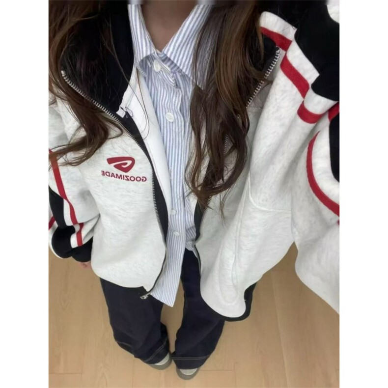 美式高街撞色拼接卫衣女秋季薄款设计感小众休闲运动开衫拉链外套,女装短外套,星座506A