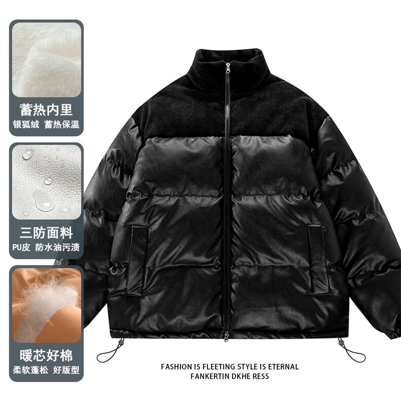 23616-P88 大码拼接PU皮灯芯绒宽松加厚立领皮棉衣棉袄图片