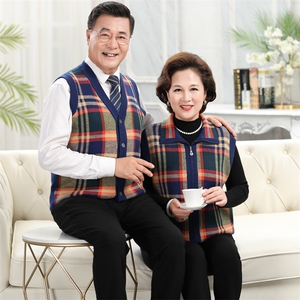 中老年情侣羊毛马甲男女方格坎肩加厚针织毛坎肩图片