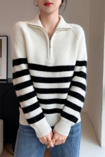 女士秋冬羊毛衫羊毛拉链半开领条纹简约，女装羊毛衫，狄美羊绒