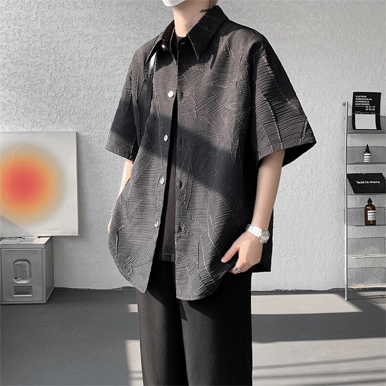 高品质潮流短袖衬衫小众解构肌理感黑色裂纹韩版花衬衫打底T恤P50,男装T恤,电商B319