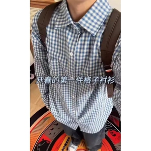 慵懒风蓝色格子衬衫男款春夏季复古格纹衬衣cleanfit外套 C58图片