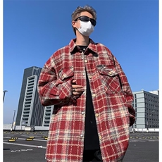 情侣美式双口袋刺绣衬衫外套秋冬季设计感格纹毛呢夹克男C25/P60，男装夹克，星座506