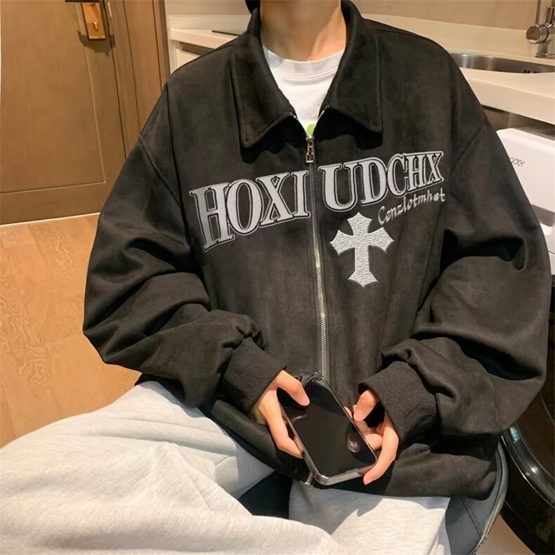 春季新款重磅美式麂皮绒刺绣夹克外套夹克W177P75图片