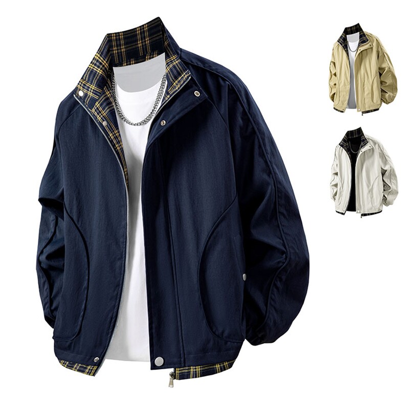 2025外套立领夹克男士拼接潮流款式格子休闲外套百搭上衣2595-P48，男装夹克，星座1402-2