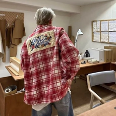 秋冬季美式复古格子衬衫男生秋冬款高街翻领长袖衬衣潮牌大码外套，男装衬衫，星座218-8
