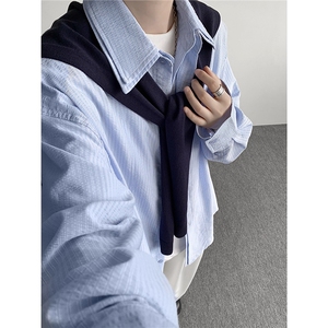 BN33-P75 学院风长袖衬衫男针织披肩假两件蓝色衬衣秋季设计感图片