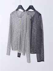 竹节麻圆领条纹防晒开衫，女装针织衫/毛衣，优麦羊绒（原洪叶羊绒）