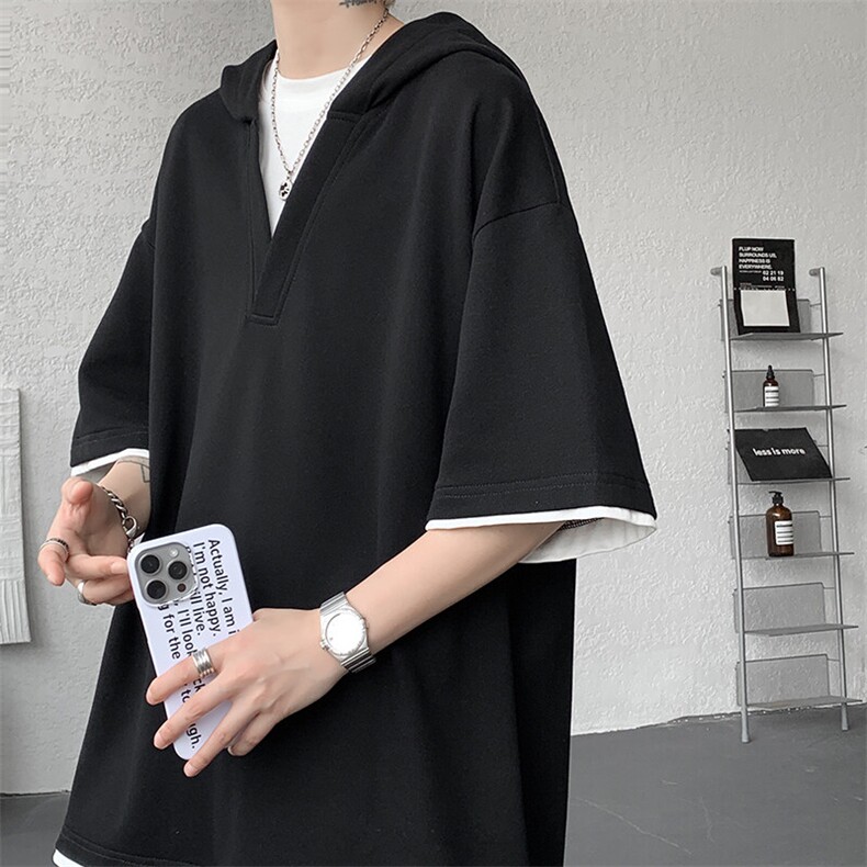 8XL-M假两件短袖卫衣连帽t恤男夏季薄款宽松大码学生半袖DT007P48,男装T恤,电商B312