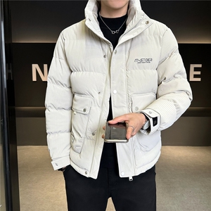 冬季新款男士棉衣PU皮棉袄立领条纹图片