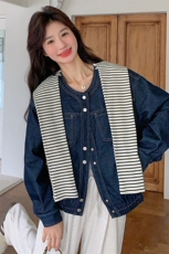 现货条纹披肩连帽牛仔外套女春秋2025新款203-8876-P155-K238，女装短外套，帛锦泉