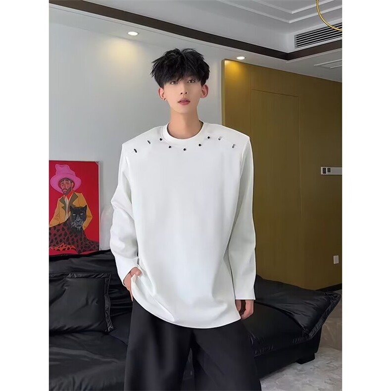 网络图高质量钉扣装饰长袖T恤黑色白色M到3XLXZ212-1-QWT721-P45,男装T恤,星座212-1