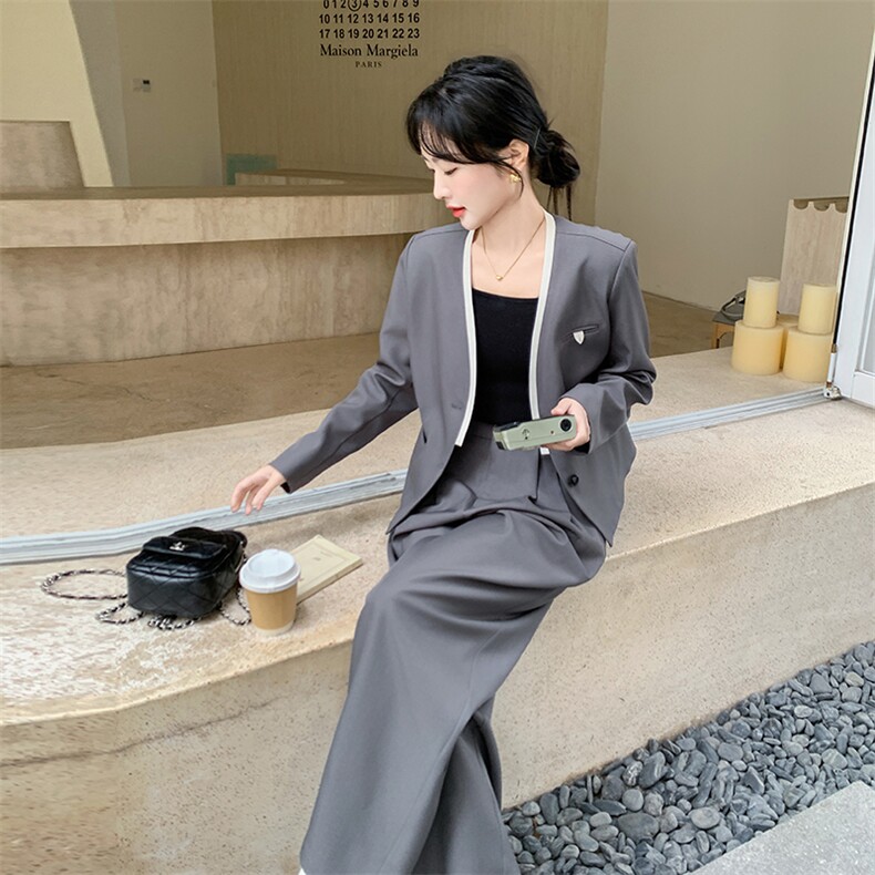 高级感灰色西装套装女2025春季新款干练气质短外套阔腿裤两件套潮,女装套装/套裙,新思路