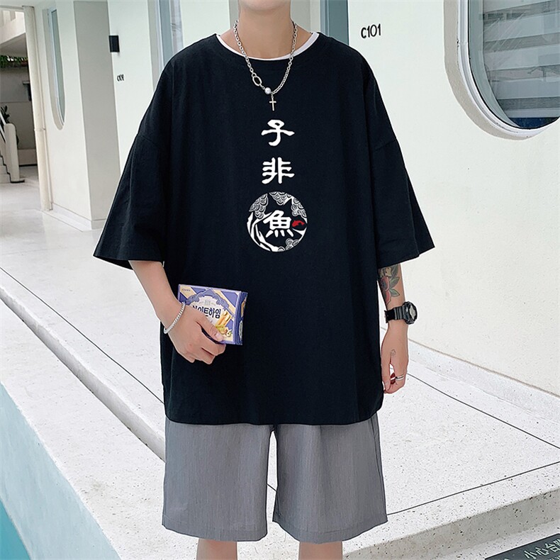 YT26070-P30亚麻短袖t恤男大码五分袖男宽松七分袖港风模特,男装T恤,电商A040