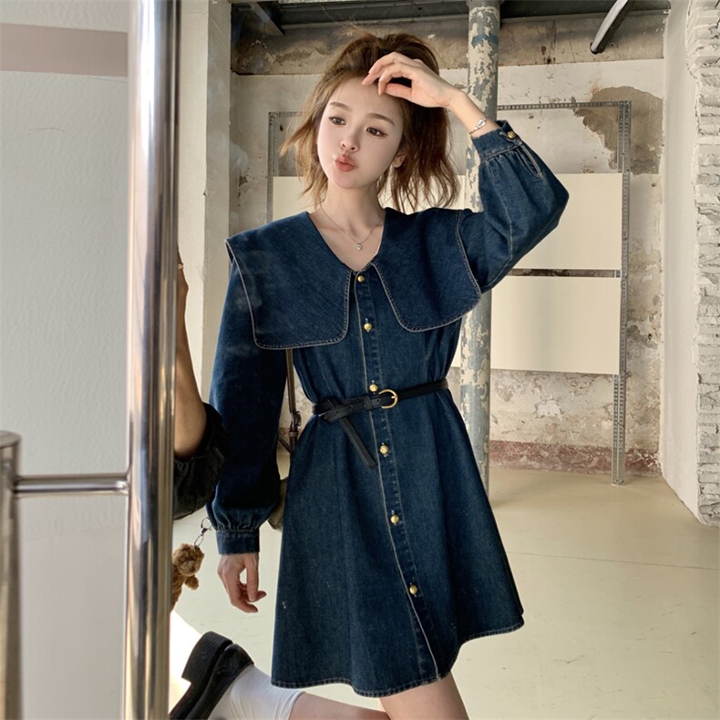 学院风牛仔连衣裙女春夏秋2025新款超火好看高级甜美风娃娃领短裙,女装套装/套裙,2C279