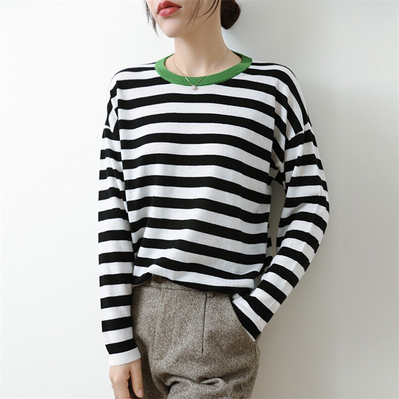 2025年秋季通勤通勤时尚百搭通勤简约休闲羊毛圆领条纹，女装羊毛衫，朝思羊绒