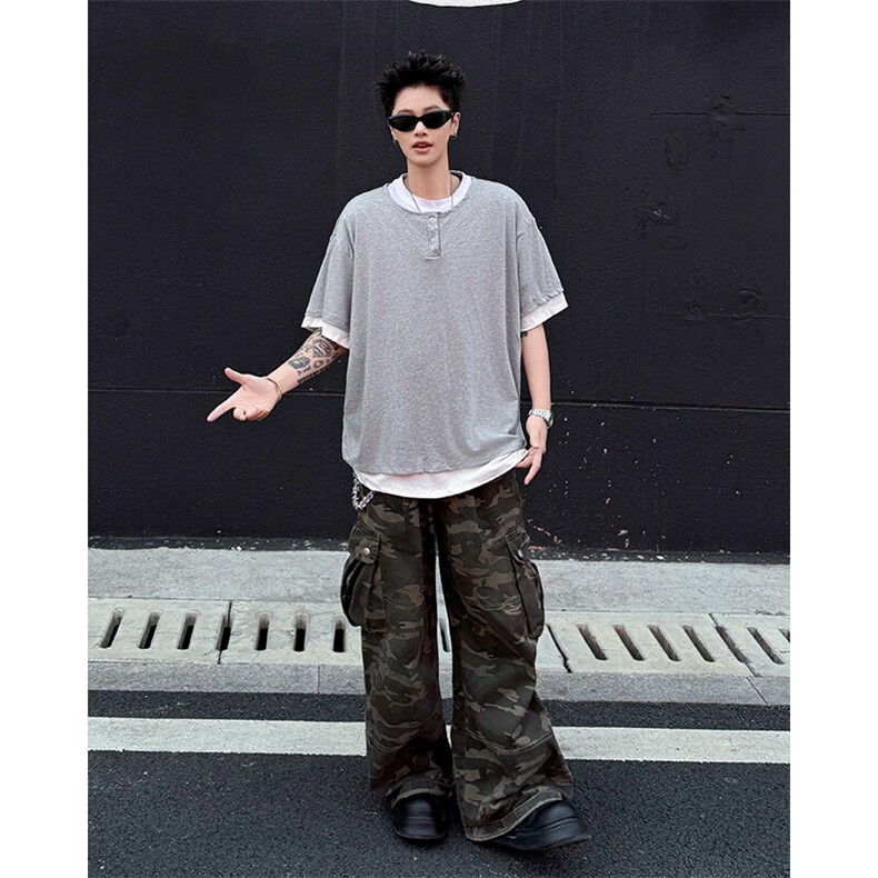 DP0117-P45纯棉假两件亨利领t恤男夏季重磅短袖cleanfit休闲上衣,男装T恤,电商C233