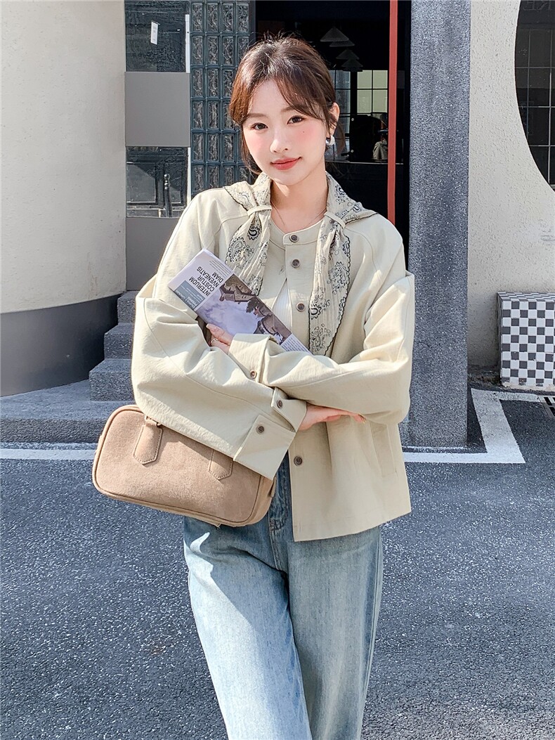 现货2026春款韩版休闲文艺范短款气质风衣外套女送丝巾,女装风衣,苗苗
