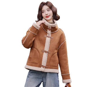 时尚休闲皮毛一体羊羔毛外套女2025冬新款韩系立领短款鹿皮绒棉服图片