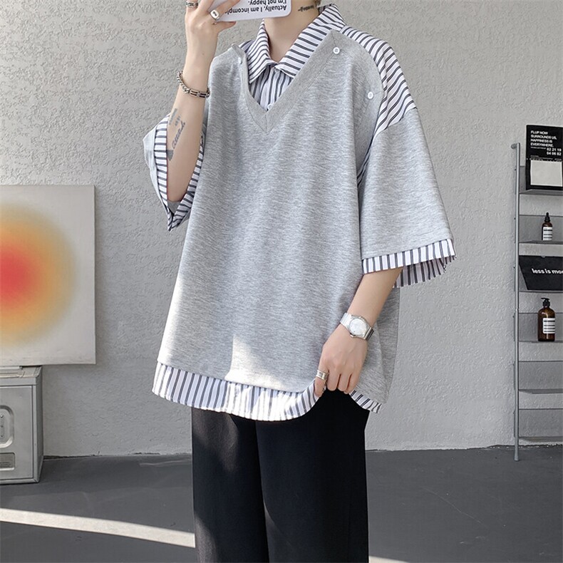 学院衬衫领t恤设计解构假两件短袖条纹拼接七分袖POLO衫DT009P50，男装T恤，电商B312