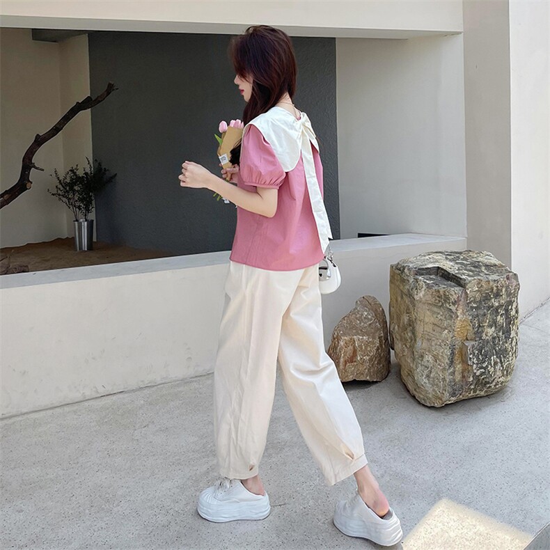 奶甜系穿搭2025新款活泼俏皮粉色娃娃领上衣配萝卜裤两件套装女夏,女装套装/套裙,2C037