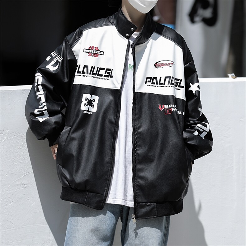 高品质秋款男立领机车皮衣夹克衫字母印花赛车外套JK6701P80,男装夹克,星座1013-1