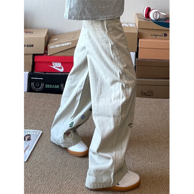 卡通绣花设计感阔腿牛仔裤女美式复古宽松阔腿弯刀裤子L30733-P55,男装牛仔裤,星座1008