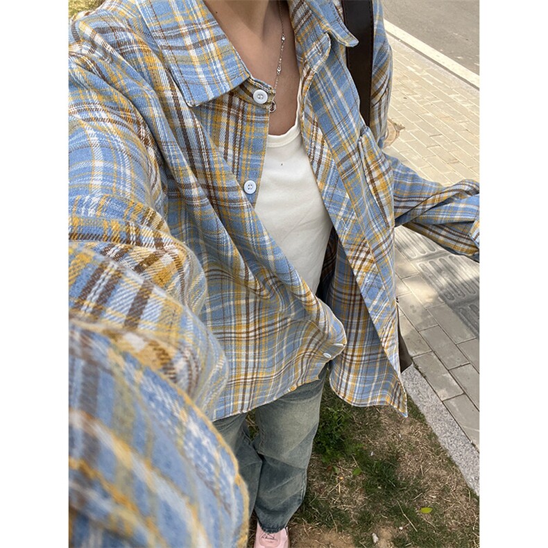 黄蓝色磨毛格子衬衫女秋季高级感慵懒风格纹衬衣美式复古长袖外套,男装衬衫,电商A086-1