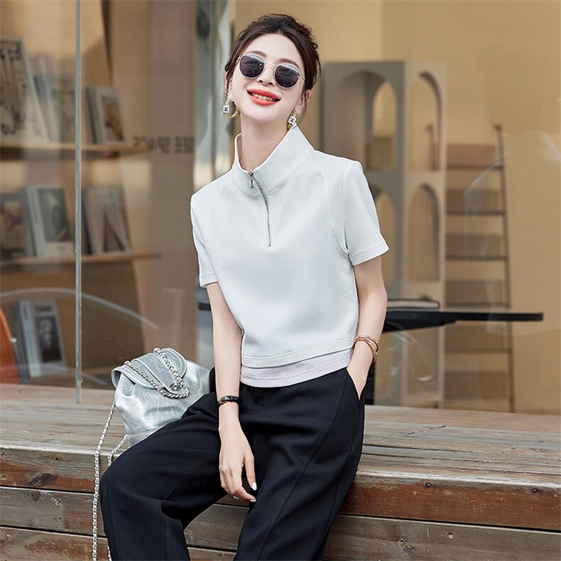 假两件短袖卫衣女拉链休闲上衣2024夏装薄款打底衫,女装卫衣/绒衫,梦懿尔