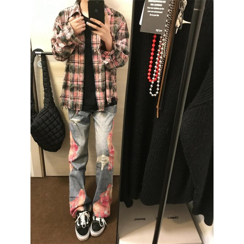 【有货】晚霞蕾丝拼接牛仔裤潮牌美式高街微喇裤子N0077LL-特P55,男装牛仔裤,星座1007（原301D）