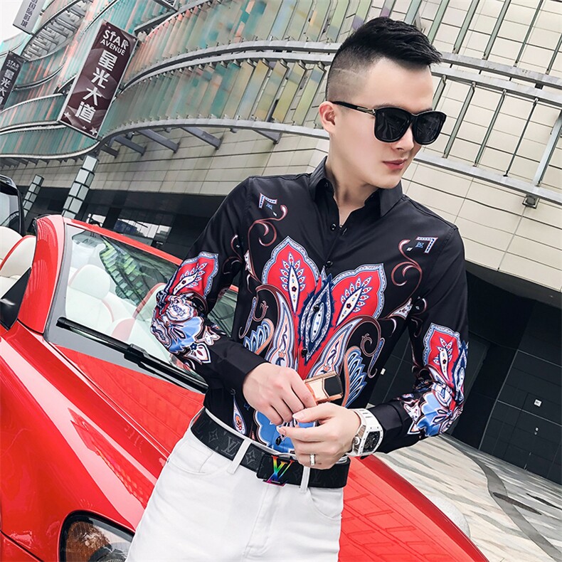 2021春秋衬衫社会男长袖上衣印花男装韩版修身四季潮流衬衣Q615-P55图片