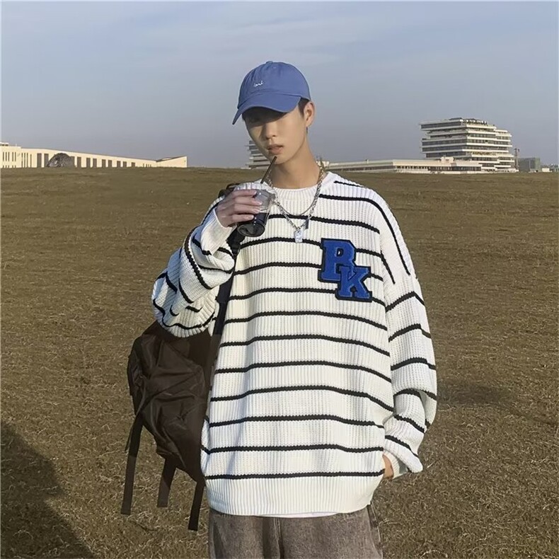 秋季美式慵懒风圆领条纹毛衣2023新款宽松休闲上衣外套M831-P43,男装针织衫/毛衣,星座512-2