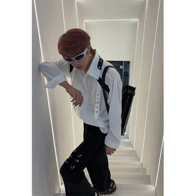 春秋季新款设计感小众拼接皮衬衫男士宽松休闲织带衬衣C4121,男装衬衫,星座1116A（原606A-3）