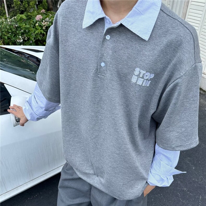 ins美式假两件衬衫拼接男女春季高级感慵懒风宽松小众设计感上衣,男装衬衫,星座1210-1