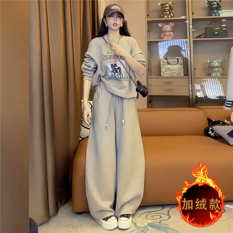 时尚休闲套装女秋冬新款宽松洋气减龄圆领印花卫衣阔腿长裤两件套,女装套装/套裙,江南