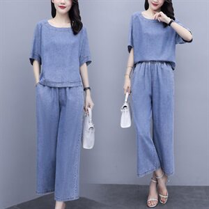 时尚牛仔套装女夏2025年夏季新款女装气质夏天坠感阔腿裤两件套裤图片