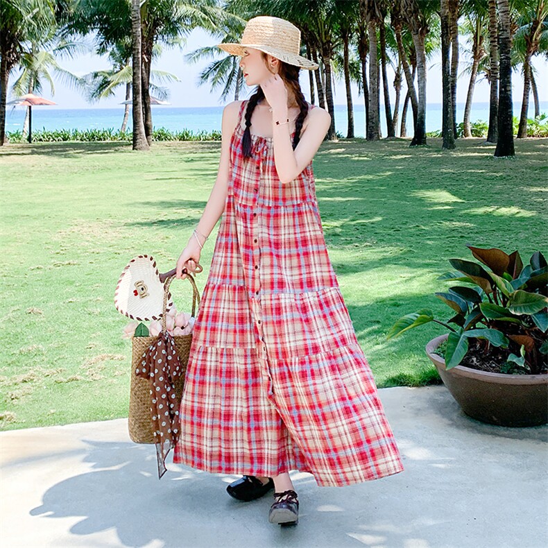 海边度假格子初恋背带裙宽松甜美吊带裙超好看连衣裙长款女夏新款,女装连衣裙,2D009