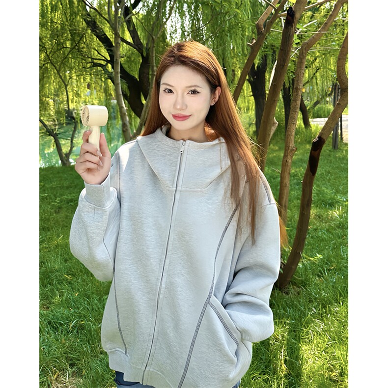 抖音得物高品质秋冬美式高街重磅结构辑明线纹理连帽卫衣外套W111,女装短外套,电商A486-1