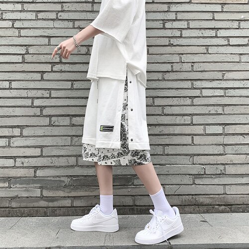 夏季排扣短裤男嘻哈腰果花拼接宽松潮牌假两件五分裤潮DK801-p28图片