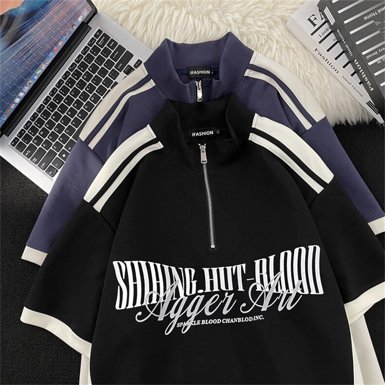 日系复古宽松POLO衫夏季新款潮牌半拉链短袖t恤男现货T1805-P40，男装T恤，星座512-4