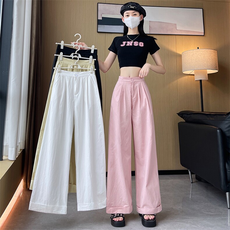 2024夏季新款洗水棉卷边阔腿裤女冰丝高腰直筒西装裤休闲裤子,女装休闲裤,梦白服饰厂