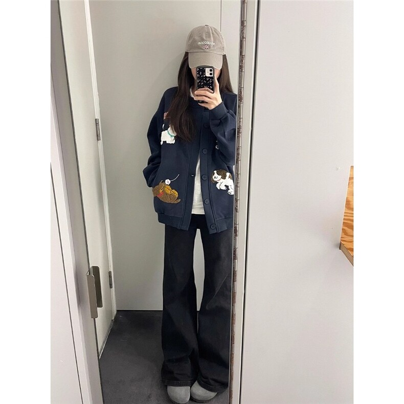秋季复古潮牌毛巾绣重磅开衫卫衣女潮情侣百搭休闲外套LW0388-P49,女装短外套,星座1008