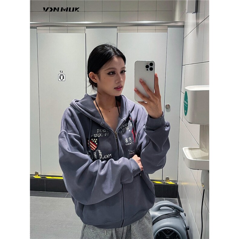 美式复古做旧字母印花徽章连帽开衫卫衣男女宽松休闲百搭外套,女装短外套,星座613