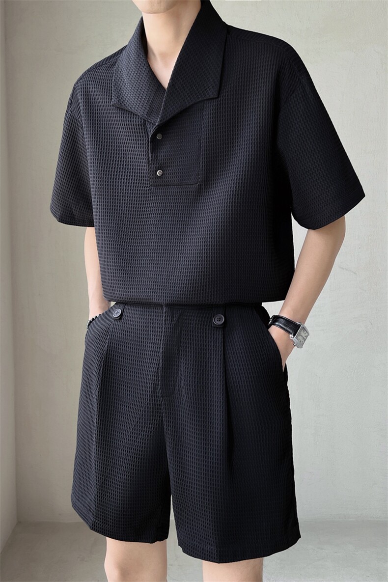 2025夏季新款男轻熟风华夫格大翻领polo衫短袖套装TZ12P90控128,男装T恤,电商B276A