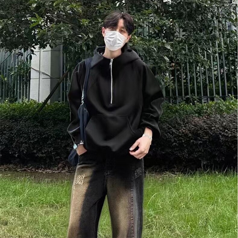 抖音得物二开美式重磅宽松结构拉链设计防风高领连帽卫衣外套W76，男装卫衣，电商A486-1